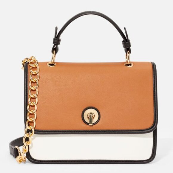 JustFab Color Blocked Messenger Bag, Size  10”L x 8”H x 4”D - Black/Cognac/White - Picture 1 of 13